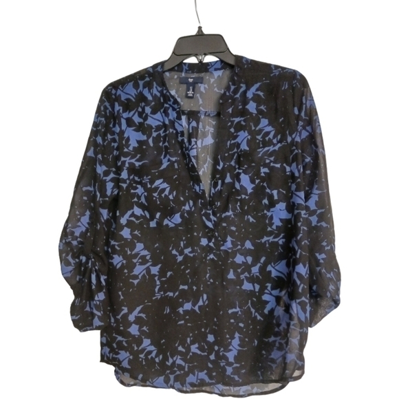 Sheer Black and Blue Floral/Leaf Blouse - Picture 1 of 1